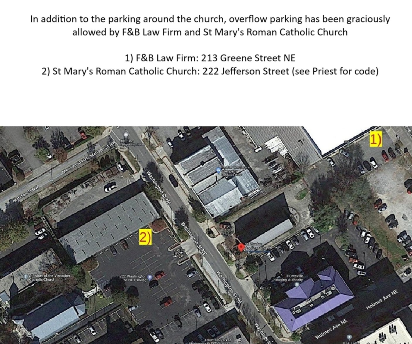 Aerial parking map showing overflow parking locations near St Charles King and Martyr Anglican Church